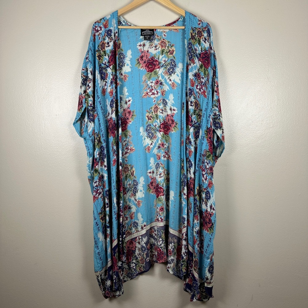 Angie Women's M Kimono Cardigan Blue Floral Print Rayon Open Front Duster Boho